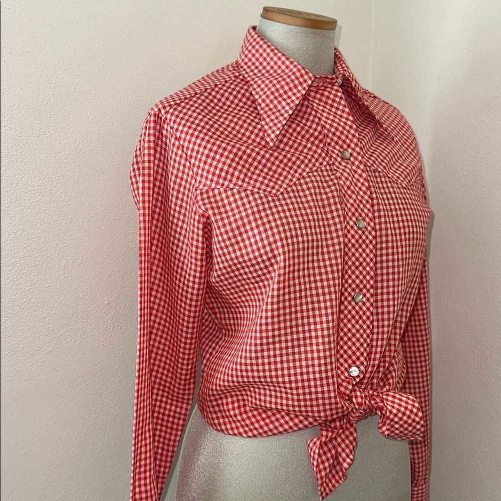 Vintage Wrangler red white plaid western button up down pearl button m gingham - Picture 2 of 10